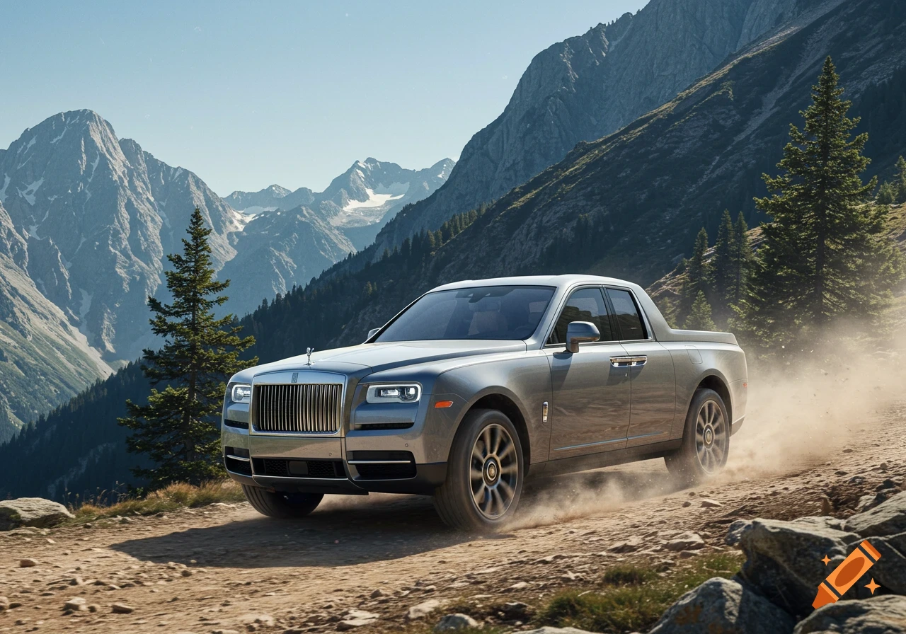 A silver Rolls Royce pickup truck drives on a dusty mountain dirt track, with rugged mountains in the background.