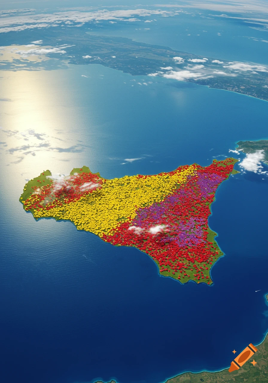 Aerial view of the island of Sicily covered in fields of yellow, red, and purple flowers, surrounded by blue sea and clouds.
