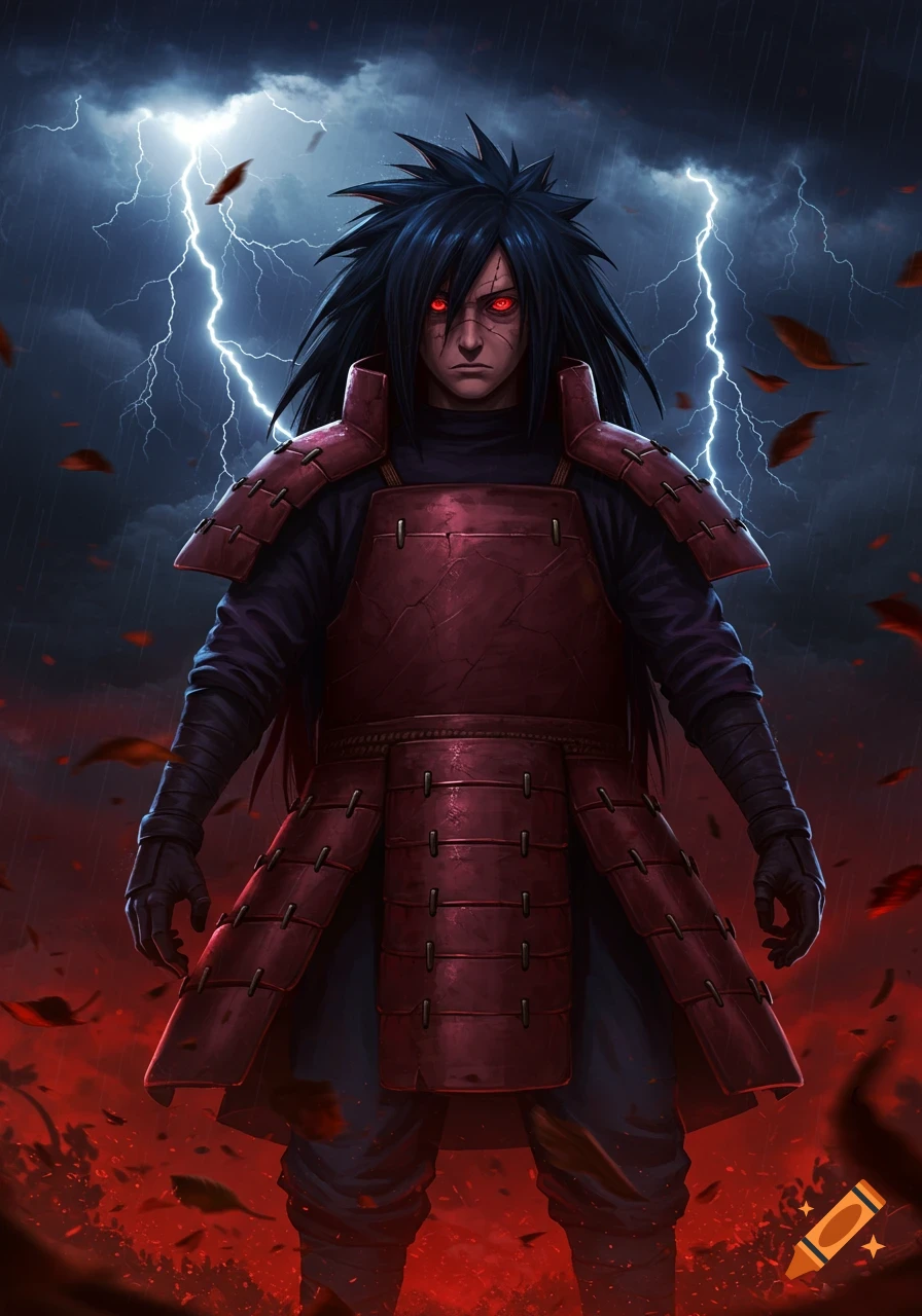 Digital art portrait of Madara Uchiha in red samurai armor, with glowing red eyes, standing on a fiery ground under a stormy, lightning-filled sky.