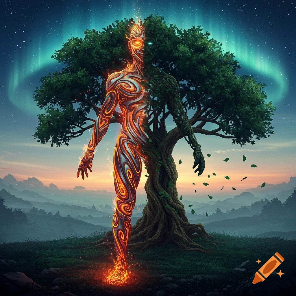 A fantastical humanoid figure, half glowing fiery patterns, half a leafy tree, stands in a landscape under a night sky with an aurora.