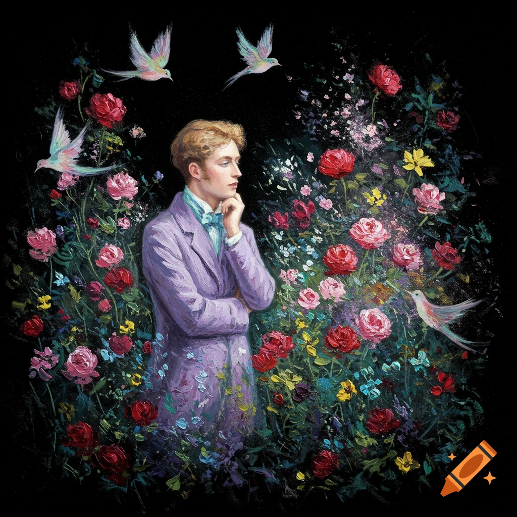 A pensive man in a purple coat surrounded by a vibrant garden of red and pink roses, green foliage, and flying birds, in an oil painting style.