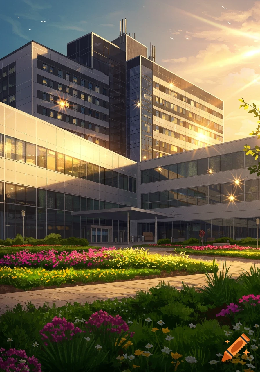 A modern, multi-story hospital building with large windows and glass facades, surrounded by vibrant flower beds and green shrubs, bathed in warm golden sunlight in an anime art style.