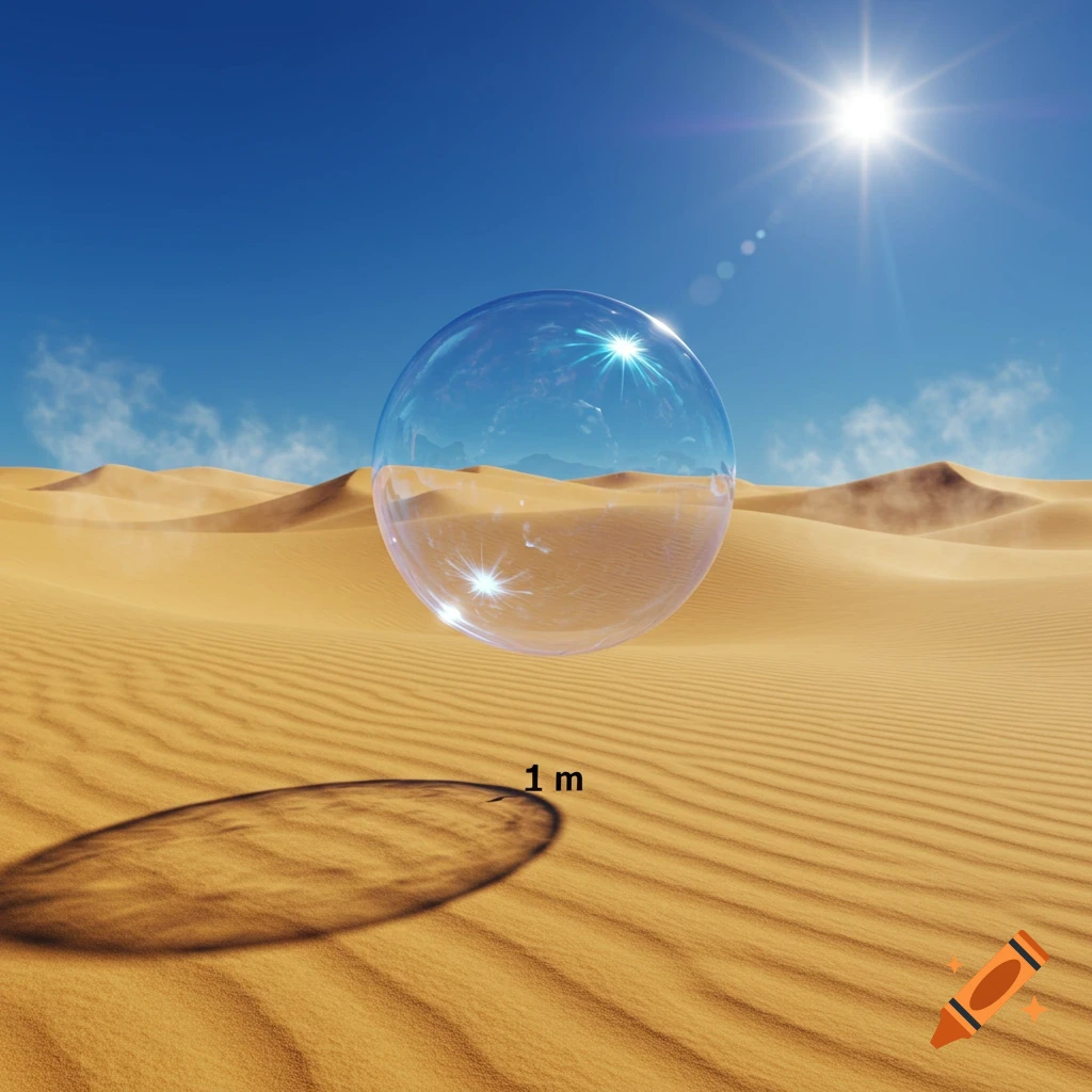 A clear bubble floats one meter above the ground in a sunny desert with undulating sand dunes, casting an oval shadow.