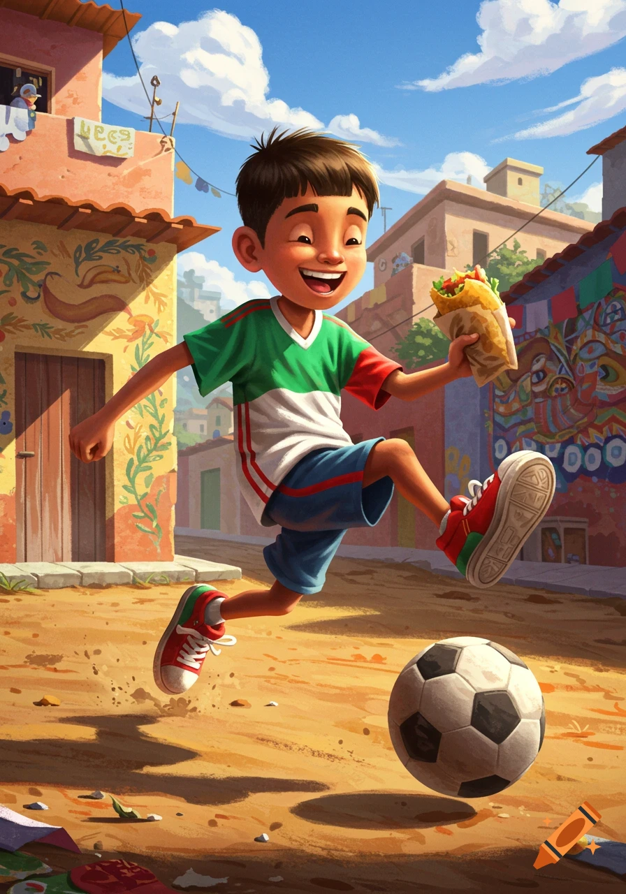A happy boy in a Mexican flag-colored shirt plays soccer on a sunny street, holding a taco. Vibrant illustration.