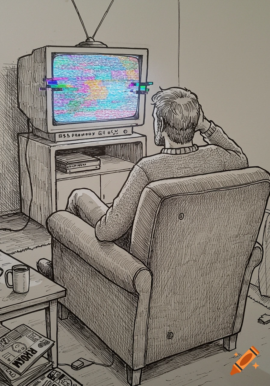 Sketch of a man in a sweater sitting in an armchair, watching a static-filled, glitchy retro TV.