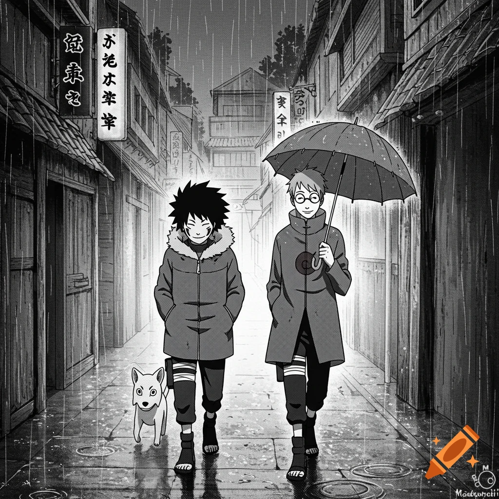 Manga style black and white illustration of two young men and a dog walking in a rainy Japanese village street under an umbrella.