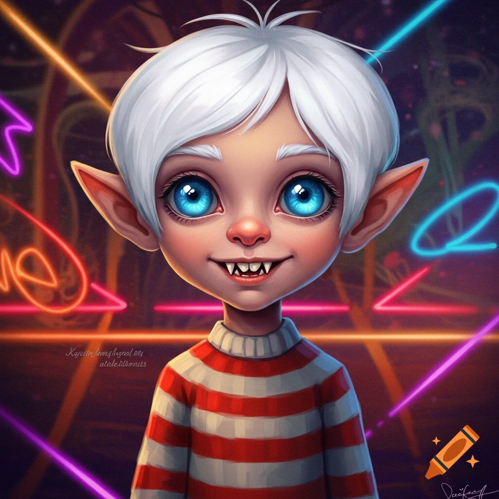 Stylized digital art of a cartoonish boy with white hair, big blue eyes, pointy ears, and fangs, wearing a striped sweater against a neon background.