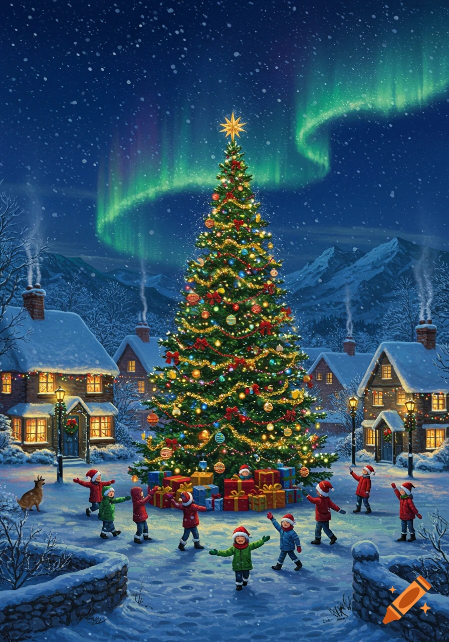 Illustrated snowy Christmas village scene with a large decorated tree, children playing, and Northern Lights above mountains.