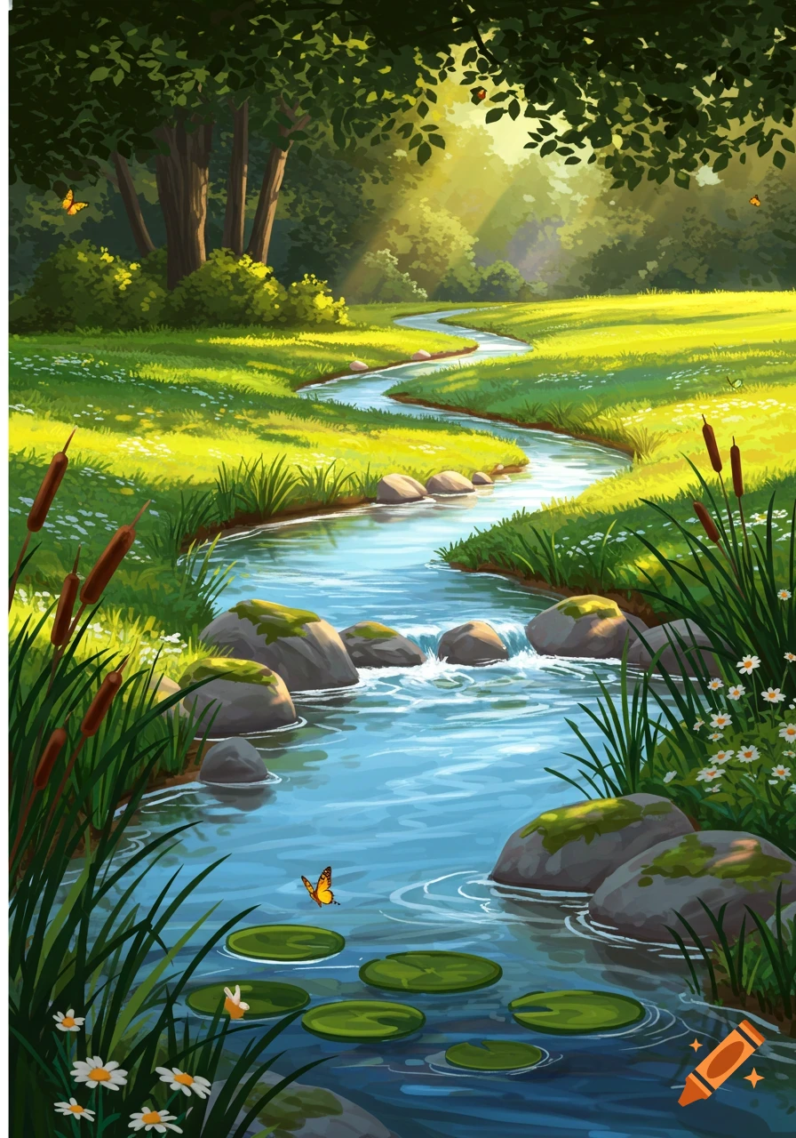 A stylized illustration of a winding stream flowing through a sunlit green meadow with trees, rocks, lily pads, and wildflowers.