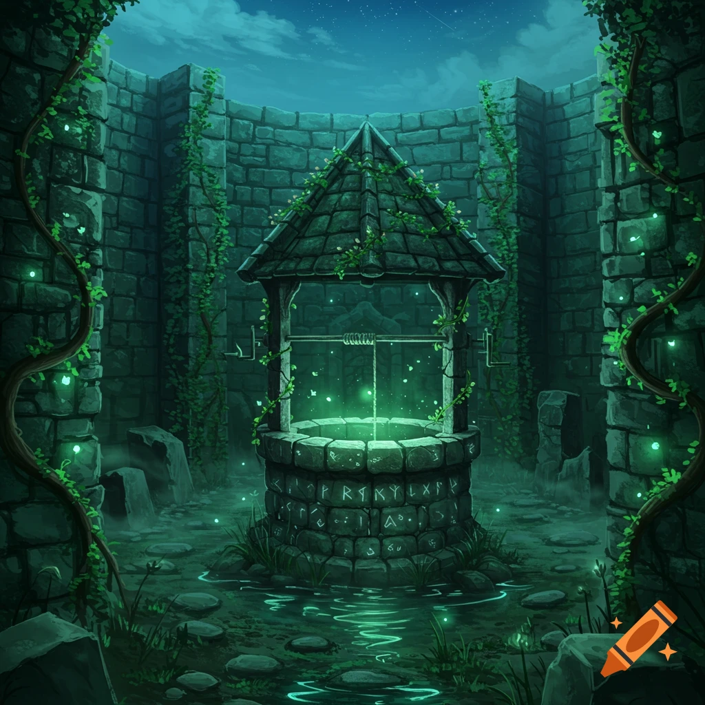 An eerie wishing well glows green in a dark, vine-covered stone labyrinth, with mysterious runes carved into its base.