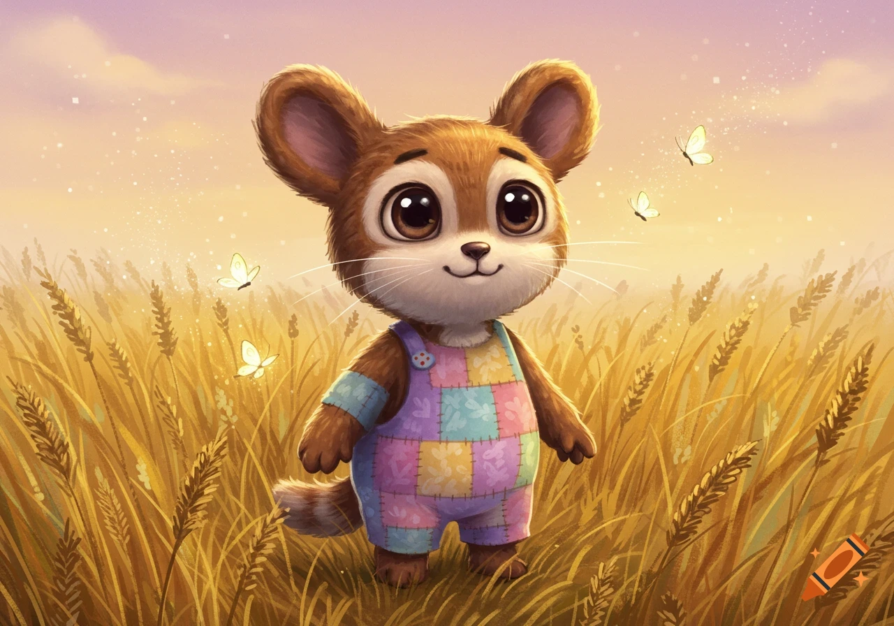 A cute cartoon mouse with big eyes and a patchwork overall stands in a golden wheat field with butterflies.