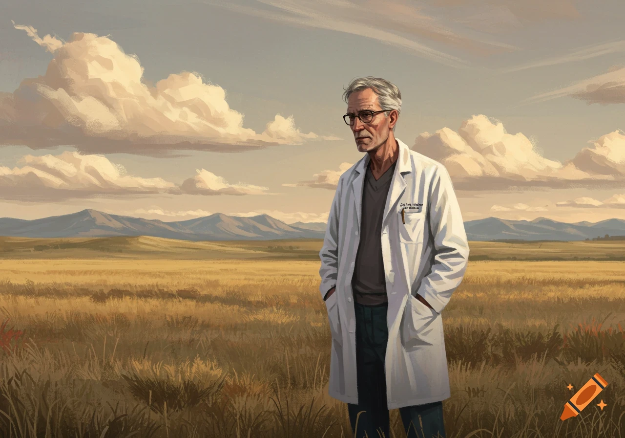 A pensive older doctor in a white lab coat stands in a vast golden field with mountains in the distance, digital art.
