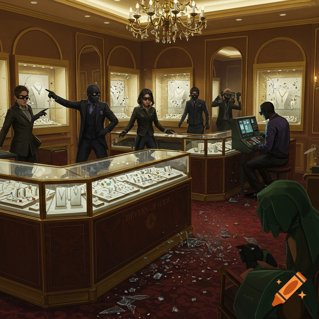 Masked robbers in suits inside a ransacked jewelry store with shattered display cases and scattered jewels.