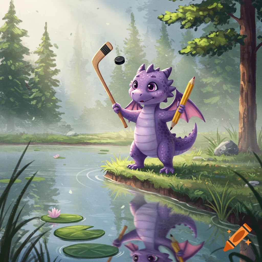 A cute purple dragon holds a hockey stick and a pencil by a forest lake with lily pads, cartoon style.