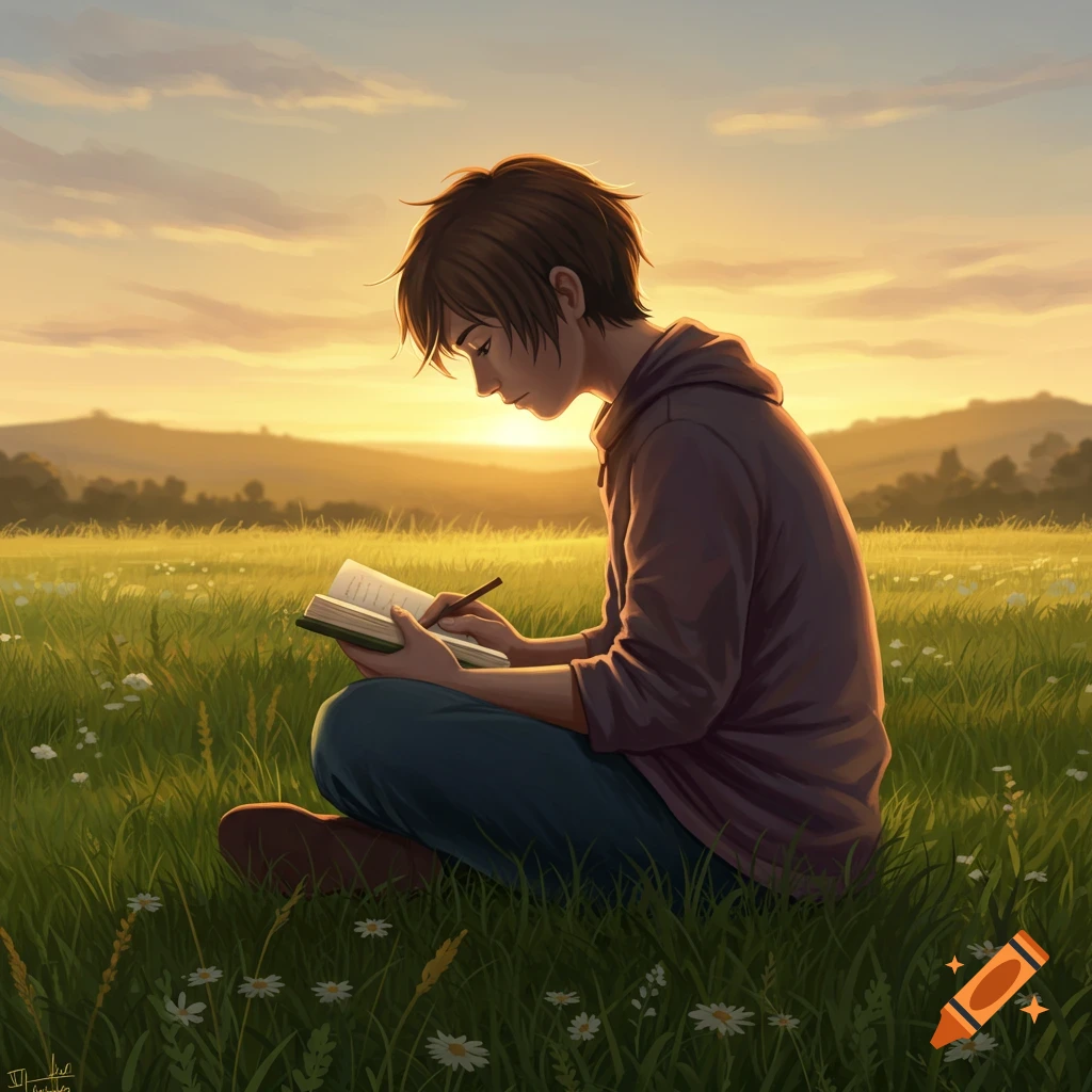 An anime-style person sits cross-legged in a grassy field at sunset, writing in a notebook.