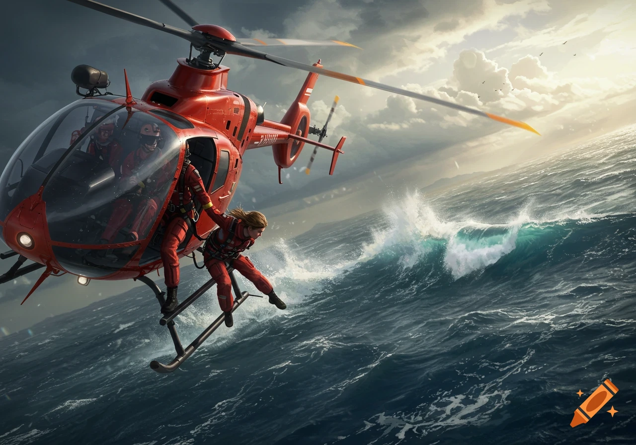 A red rescue helicopter hovers over a stormy ocean, lowering a person in red gear towards the waves. Photorealistic.