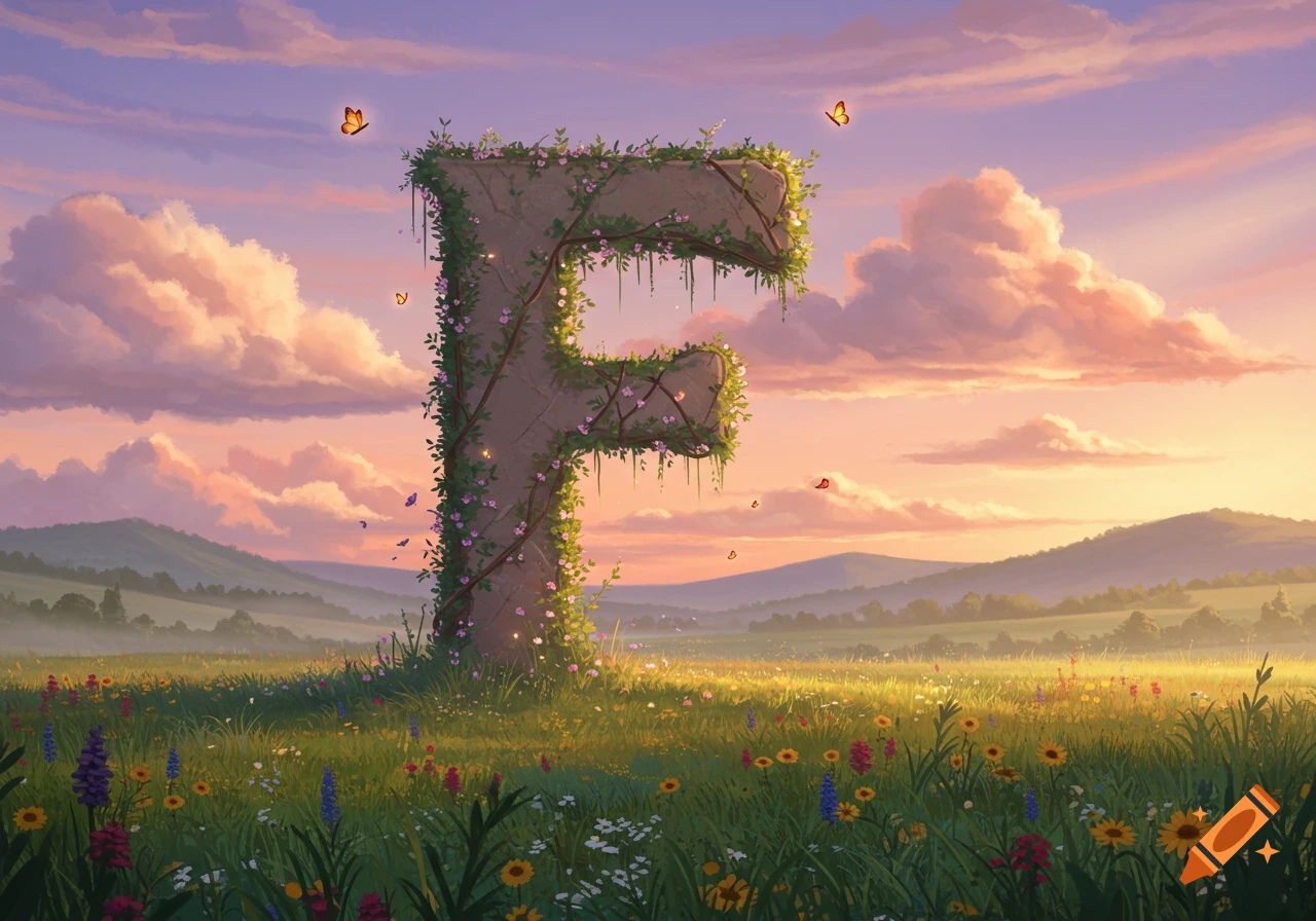 An illustrative landscape of a large stone letter F covered in vines and flowers in a sunny meadow with butterflies and a sunset sky.