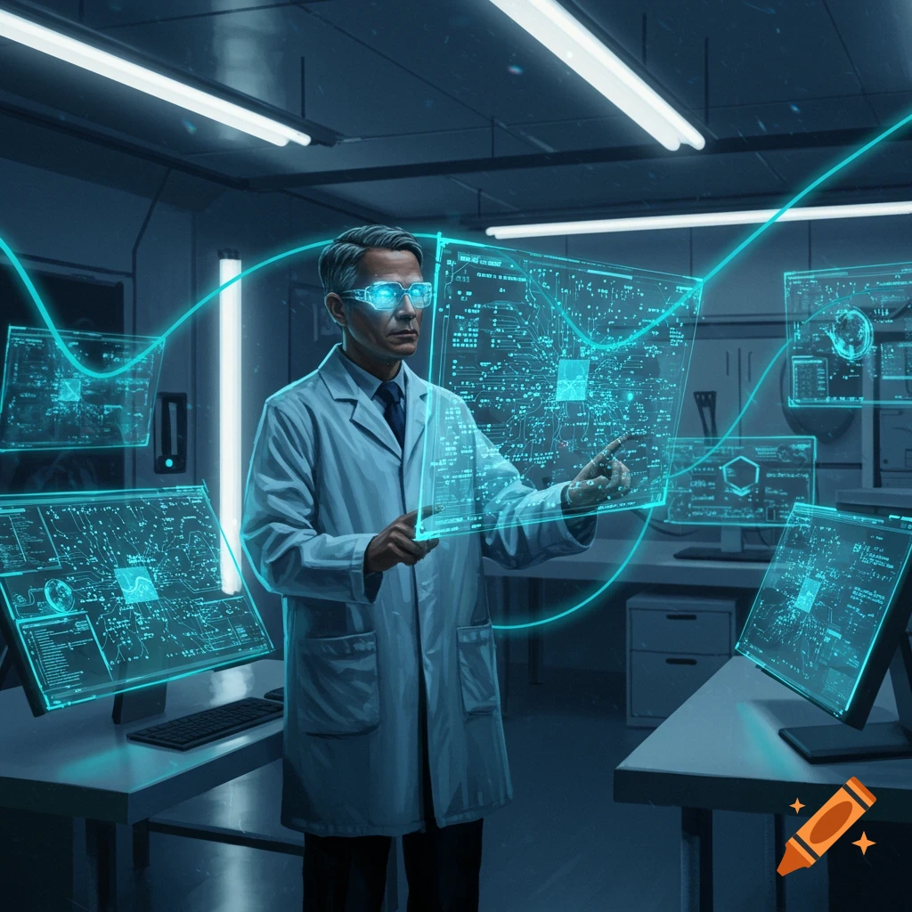 A male computer scientist in a lab coat and glowing glasses interacts with multiple holographic screens in a dark, futuristic laboratory.