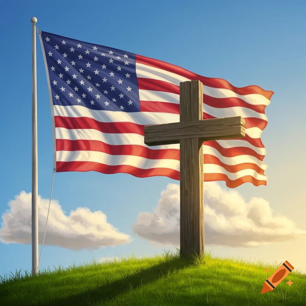 American flag flying behind a wooden cross on a grassy hill under a clear sky with sunset glow.