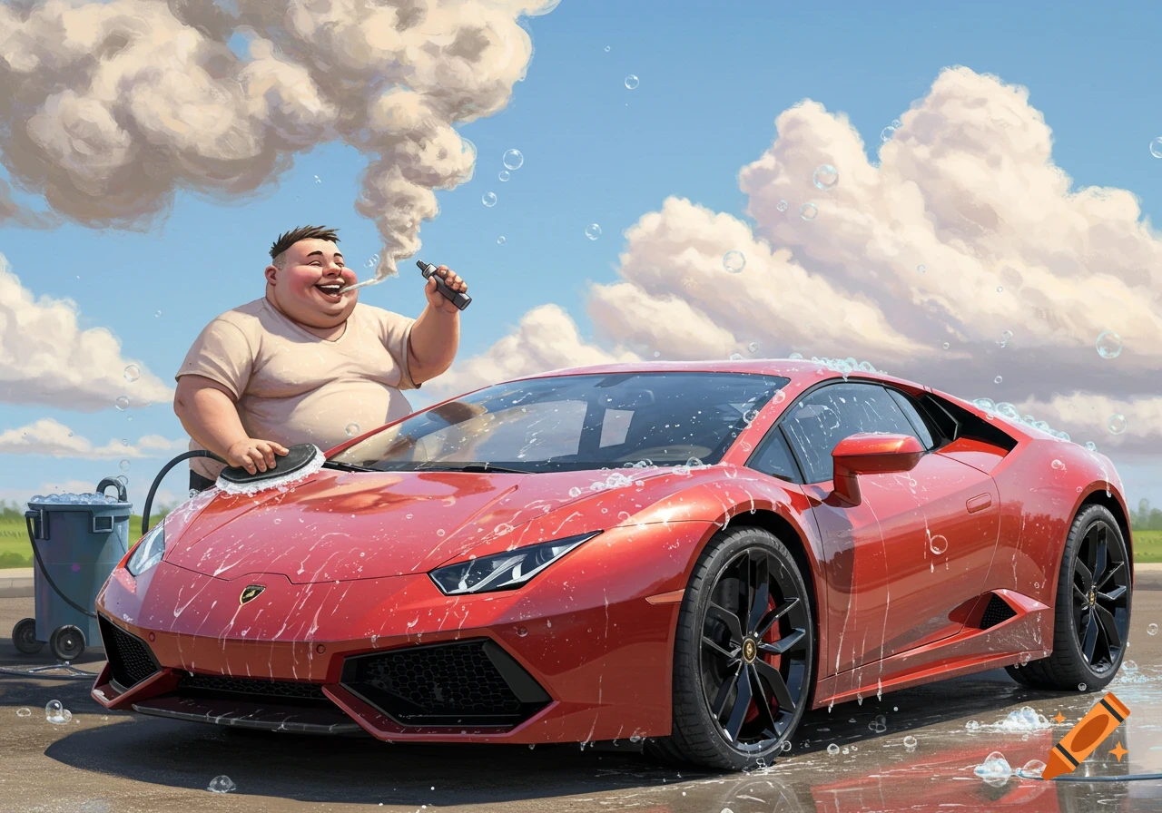 A smiling, overweight man in a t-shirt washes a red Lamborghini, vaping with a large cloud of smoke under a blue sky.