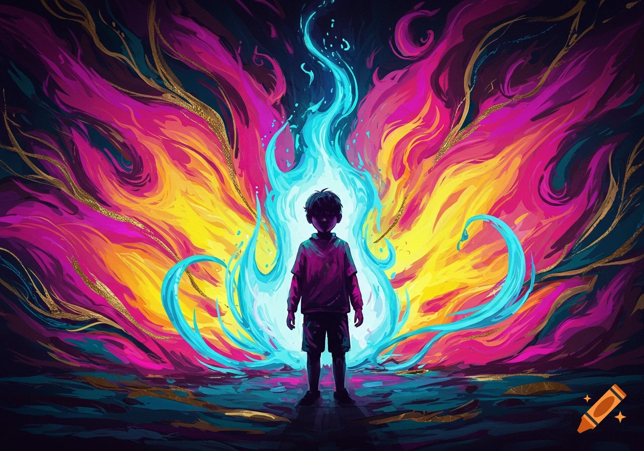 A silhouetted child stands before a vibrant, swirling abstract background of pink, yellow, and blue flames.