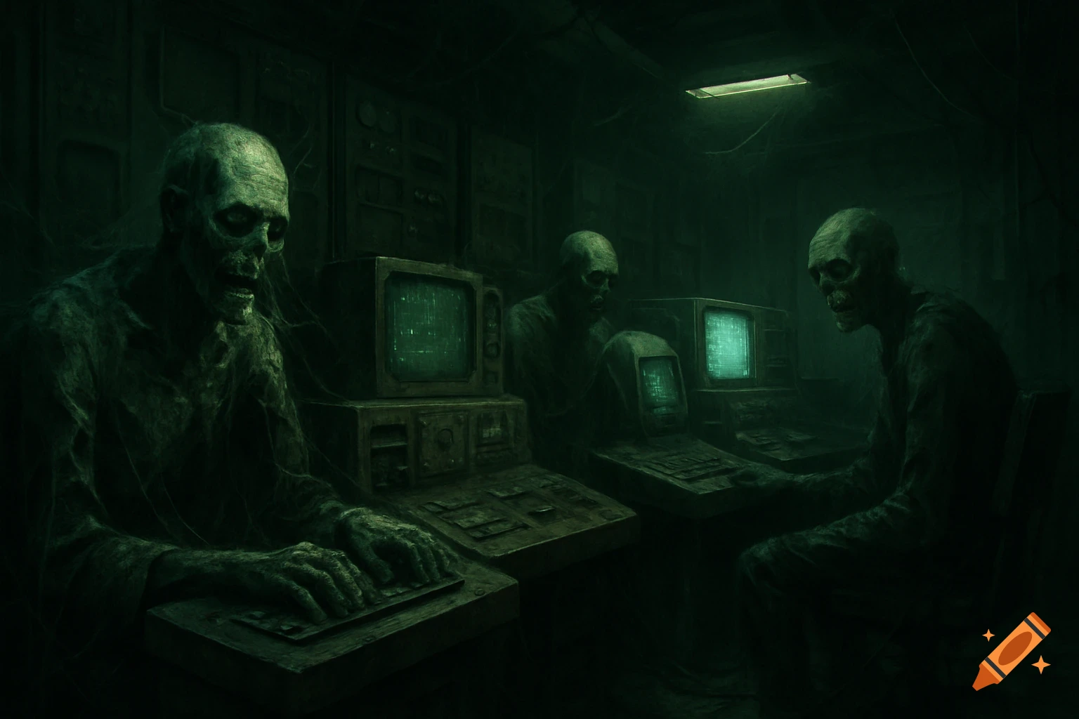 Three decaying, zombie-like figures in a dark, grimy server room or office, illuminated by green light from old computer monitors. They appear to be operating antiquated keyboards and screens.