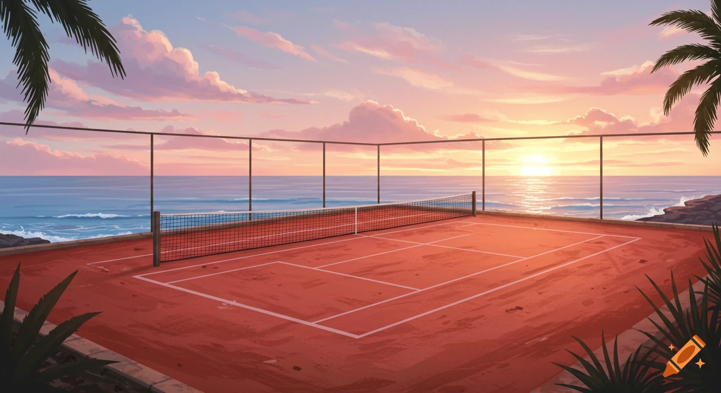 Vibrant artistic rendering of a clay tennis court overlooking the ocean at sunset, with palm trees framing the view.