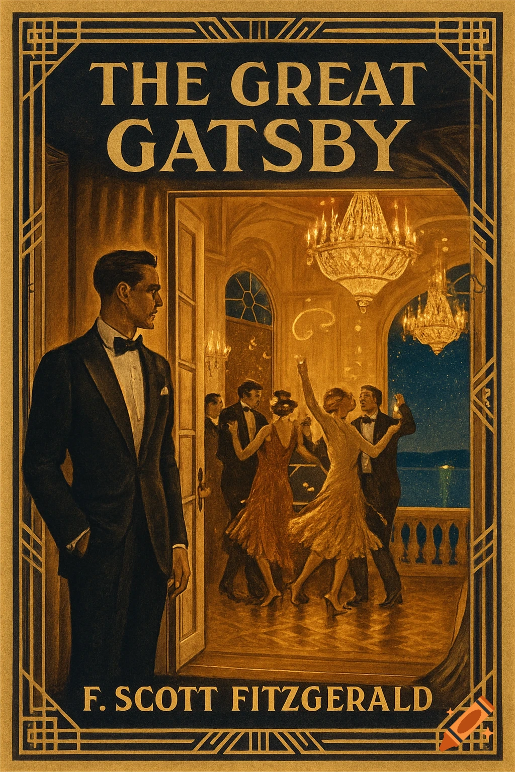 Art Deco illustration of 'The Great Gatsby' book cover. A man in a tuxedo looks at a 1920s party, with dancers and a green light over water.