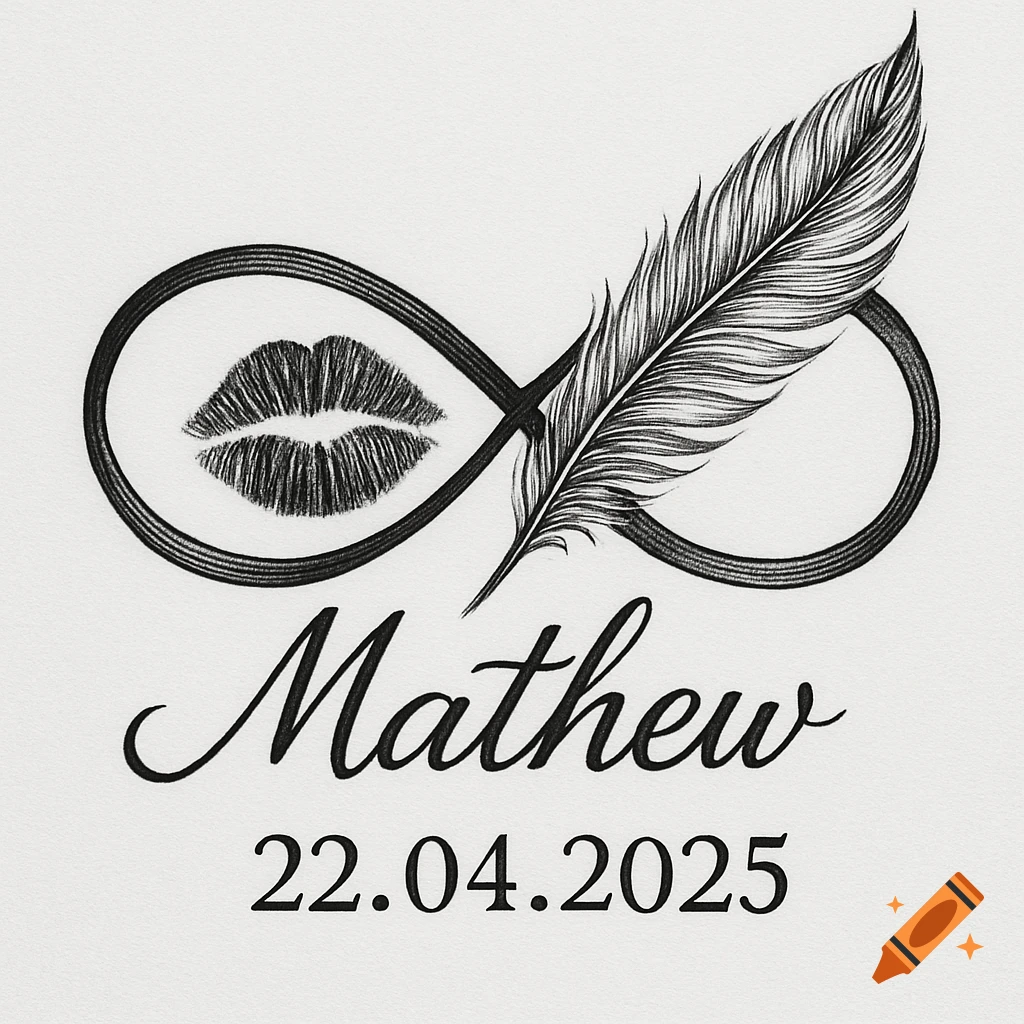 Black and white tattoo design featuring an infinity symbol with kiss lips, a feather, the name Mathew, and the date 22.04.2025.