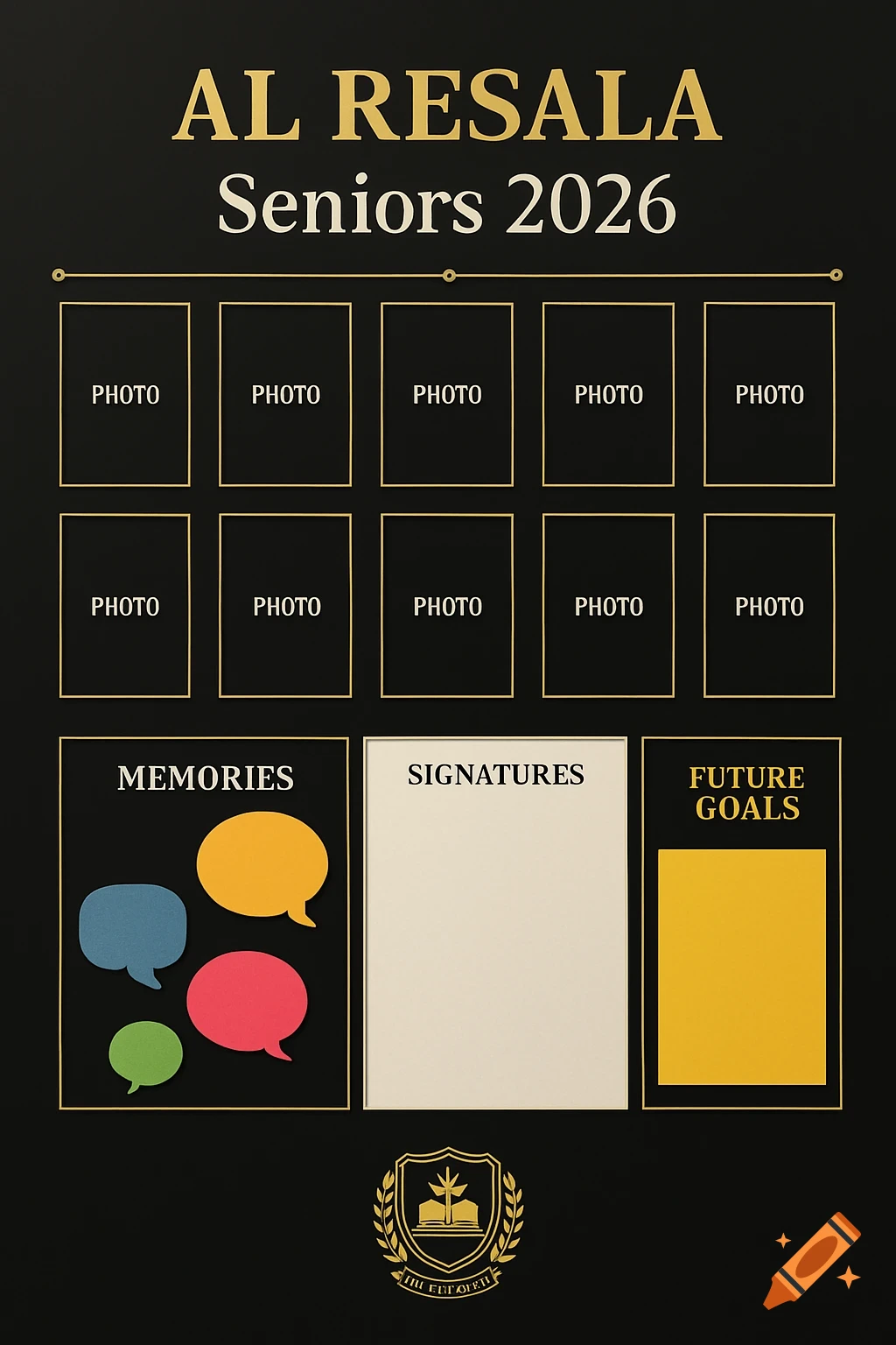 A black and gold yearbook display board for AL RESALA Seniors 2026 with photo frames, memory bubbles, signature space, and a school logo.
