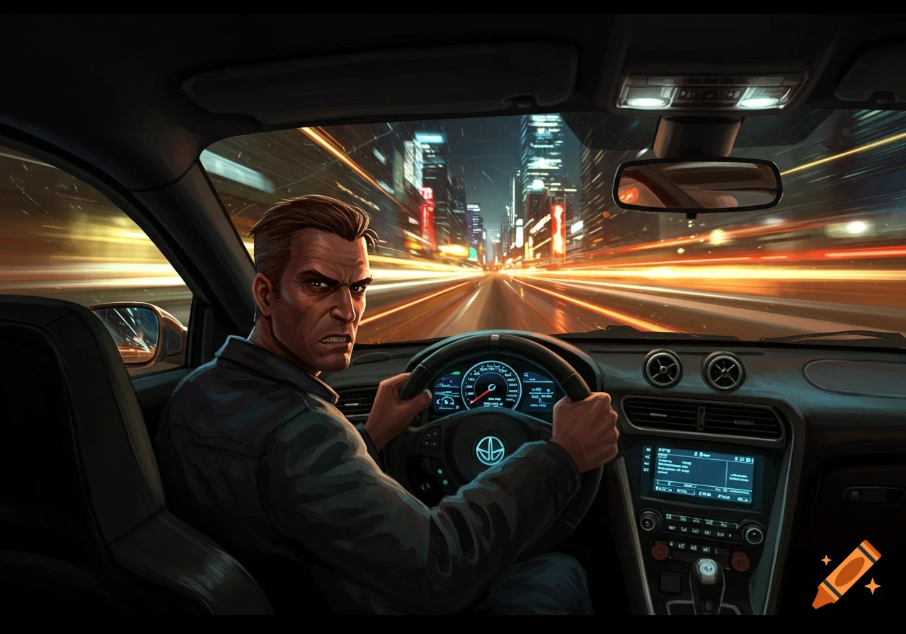 Stylized illustration of a man with an intense expression driving a car at night, blurring city lights behind him.