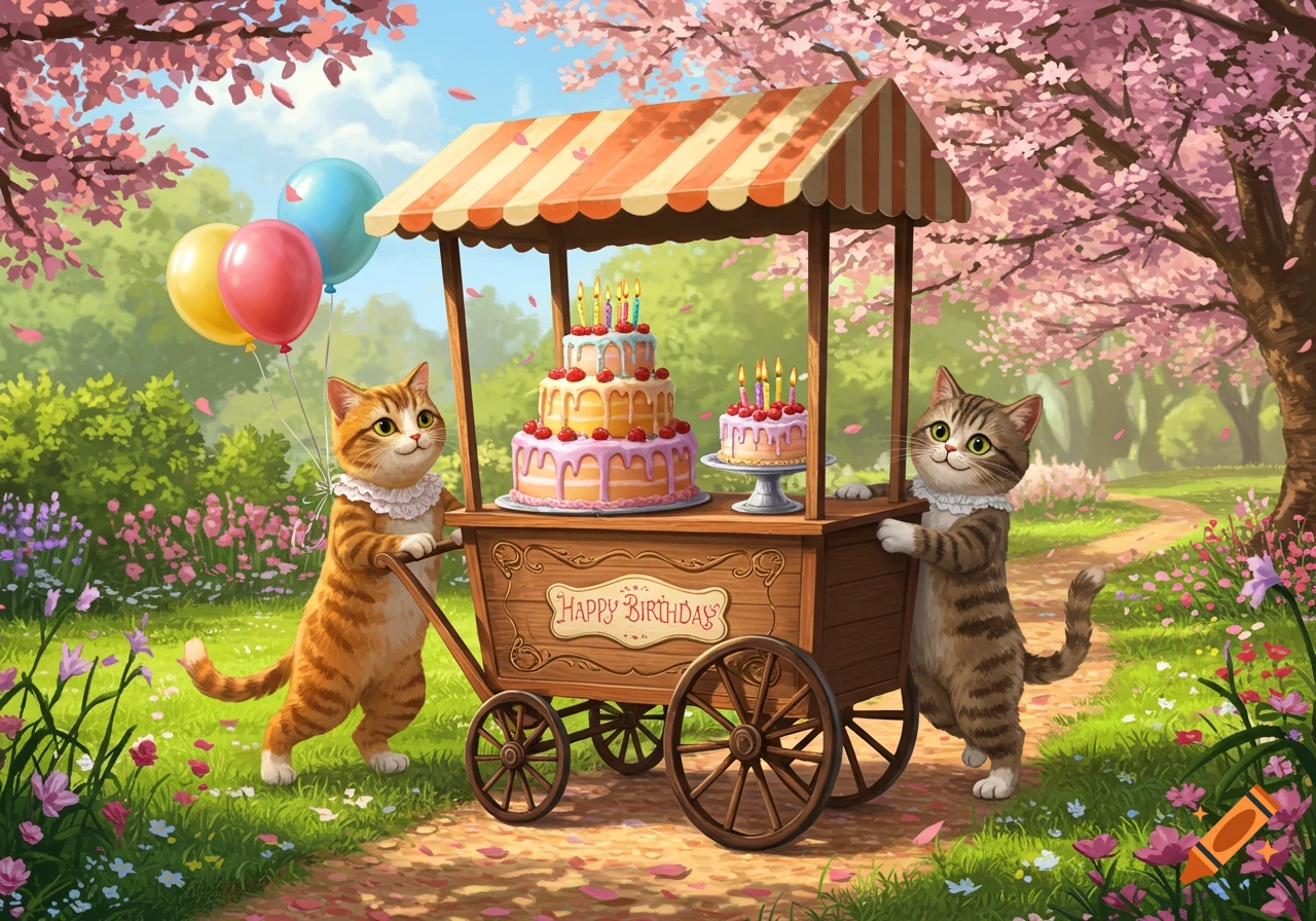 Two cute cats in a whimsical illustration push a cart with birthday cakes and balloons through a cherry blossom park.