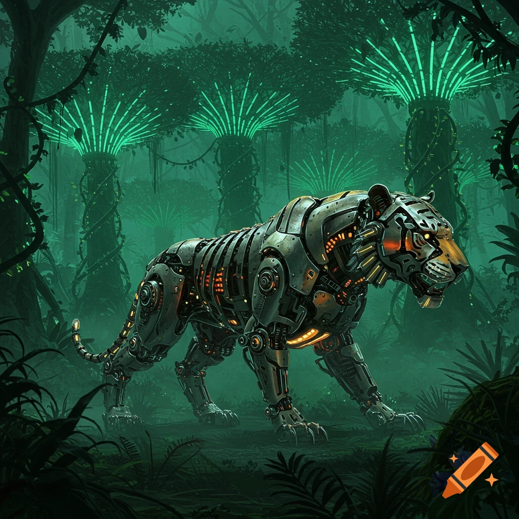 A detailed mechanical steampunk tiger with glowing elements prowls through a misty, futuristic jungle with glowing green trees.