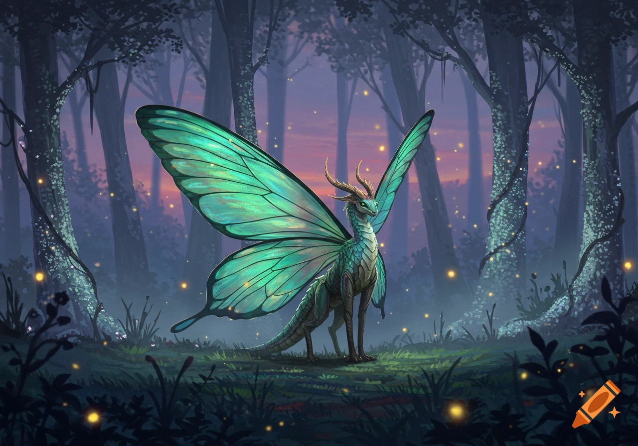 A teal dragon-like creature with large butterfly wings stands in a magical, glowing forest at dusk, digital art.