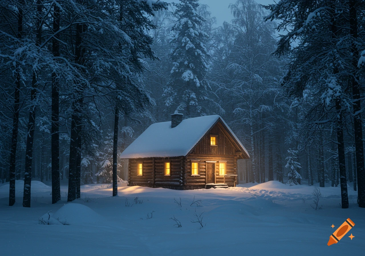 A cozy, glowing log cabin nestled in a deep, snow-covered winter forest at twilight.