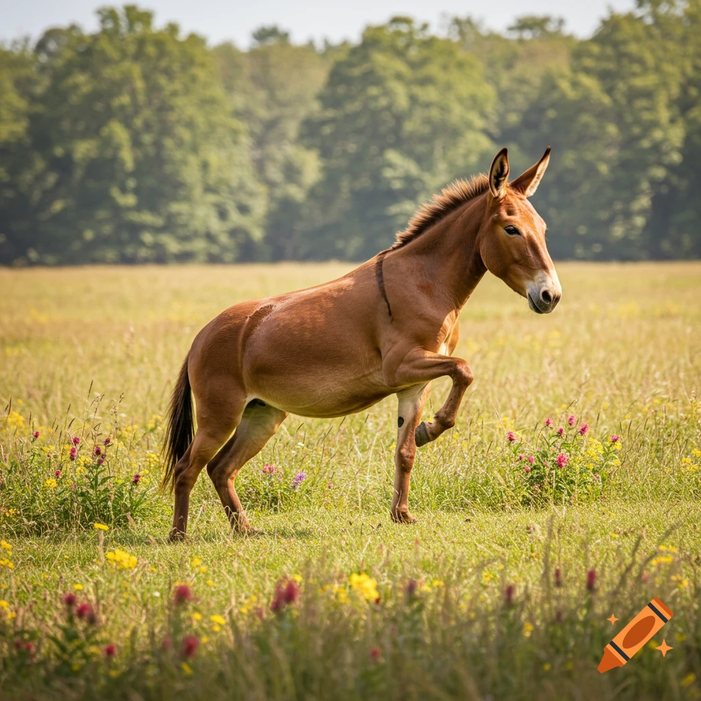 A brown mule stands with one leg lifted in a sunny field of green grass and wildflowers, with trees in the background.