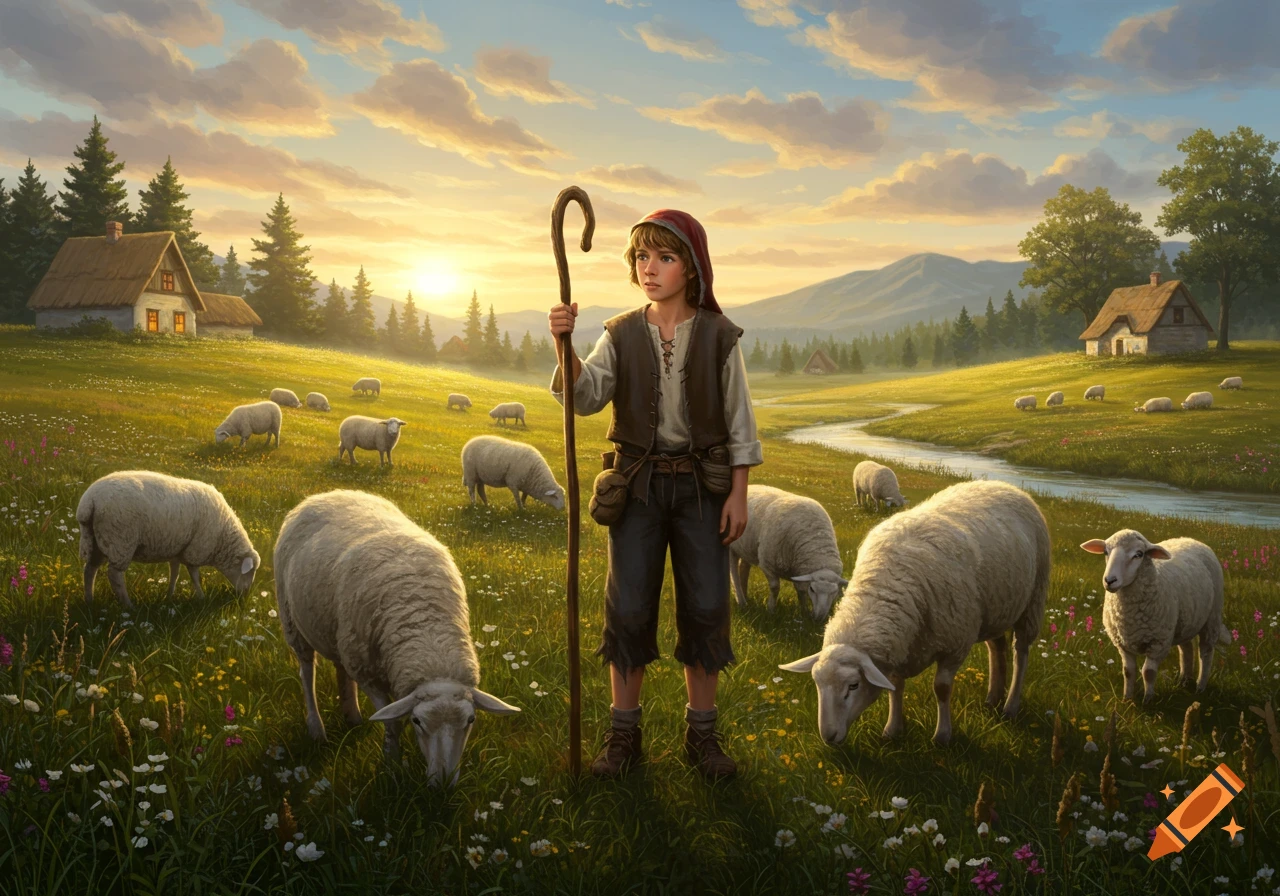 A young shepherd boy with a staff watches over his flock of sheep grazing in a golden-lit rural landscape with houses and mountains.