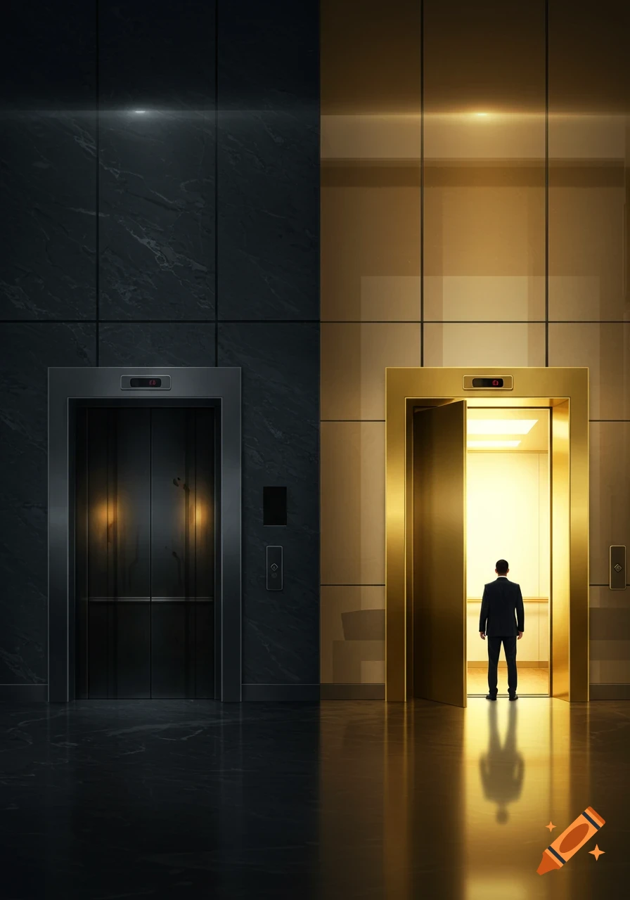 A man in a suit stands before a brightly lit, golden elevator with its door open, next to a closed, dark grey elevator, in a modern building.