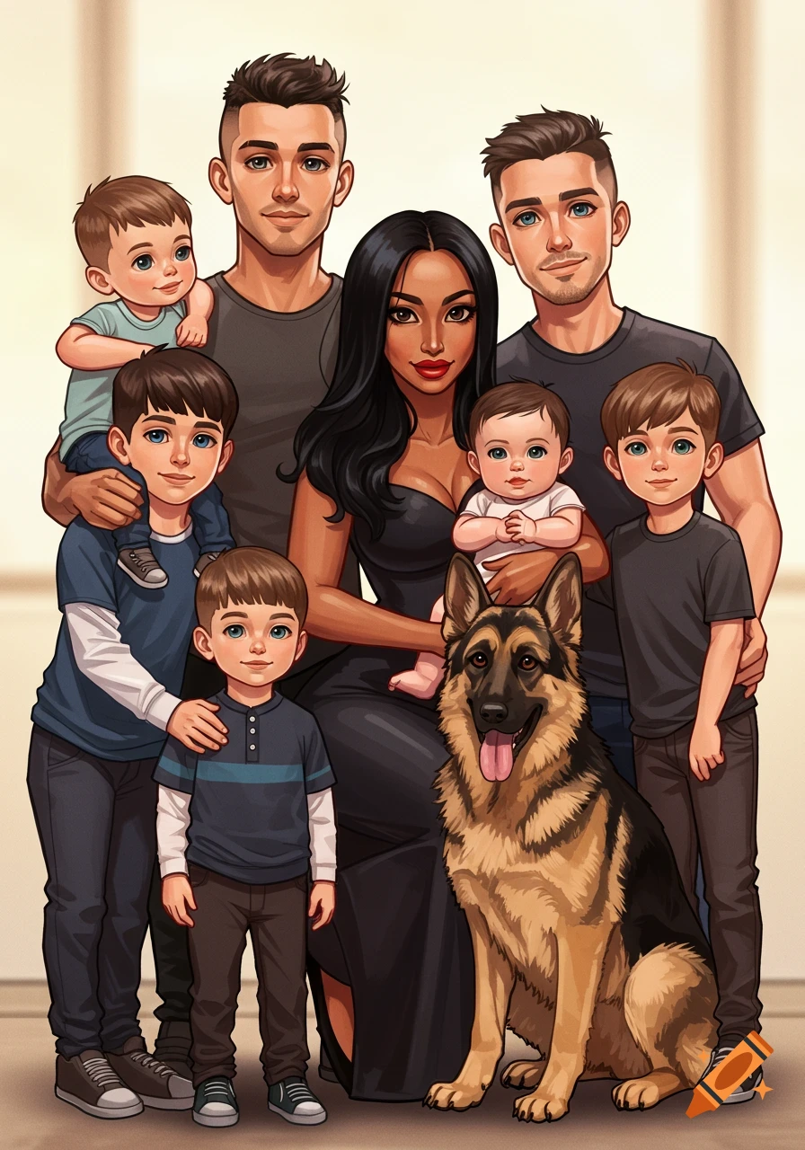A cartoon family portrait featuring a woman, two men, three boys, a baby girl, and a German Shepherd dog standing together.