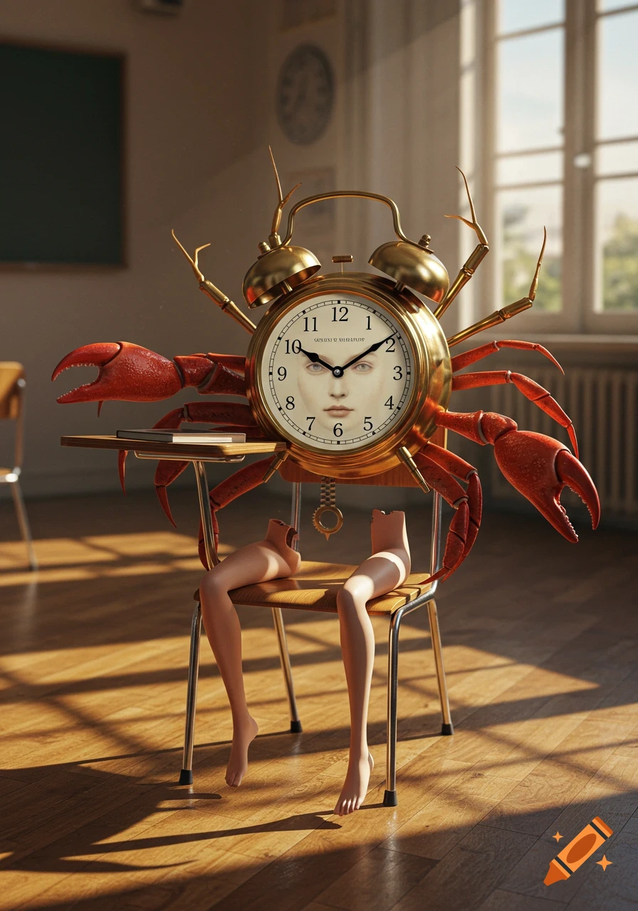 A surreal image of an alarm clock with a human face and crab arms, sitting on a school chair with dismembered human legs as its own legs, in a classroom.