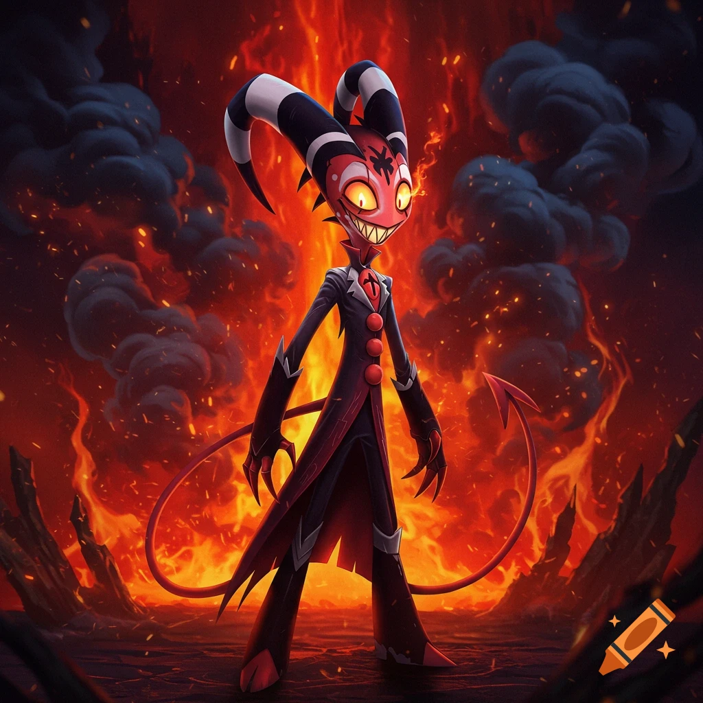 Stylized cartoon demon Blitzo from Helluva Boss stands in a fiery, smoky hellscape.