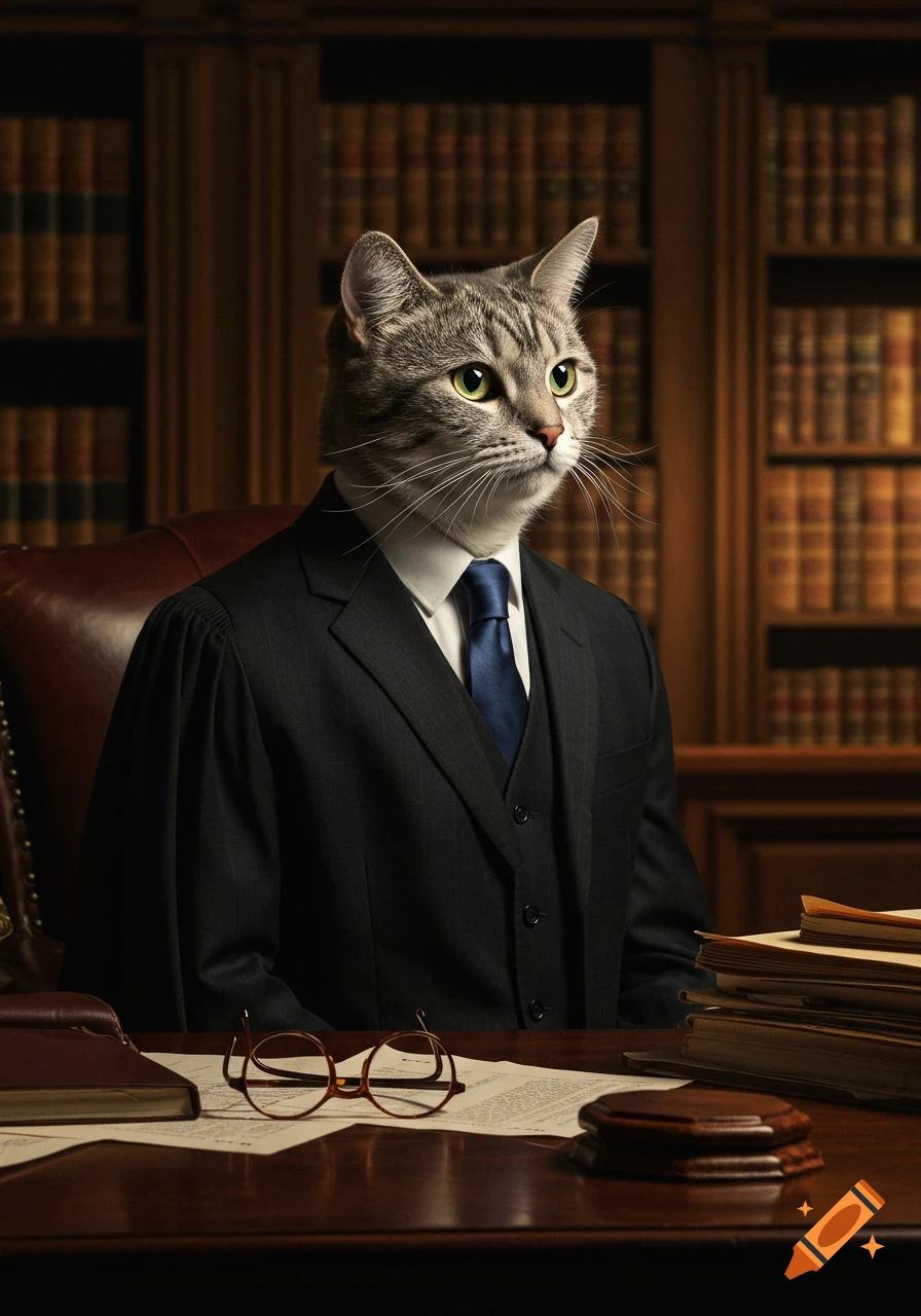A realistic gray tabby cat wearing a dark suit and blue tie sits at a wooden desk in a library or courtroom.