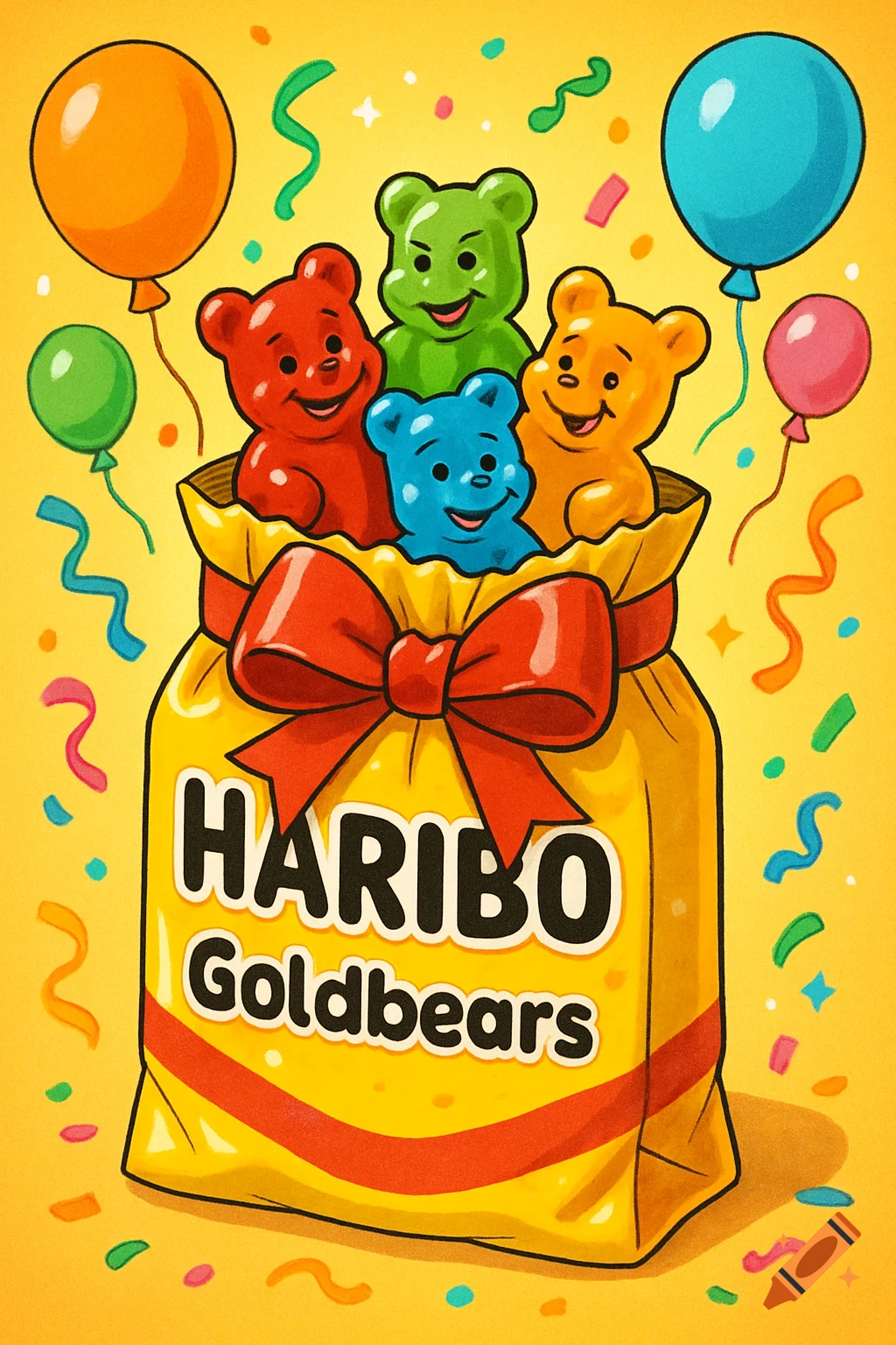 Cartoon illustration of a yellow Haribo Goldbears candy bag with a red ribbon, colorful gummy bears, balloons, and confetti.