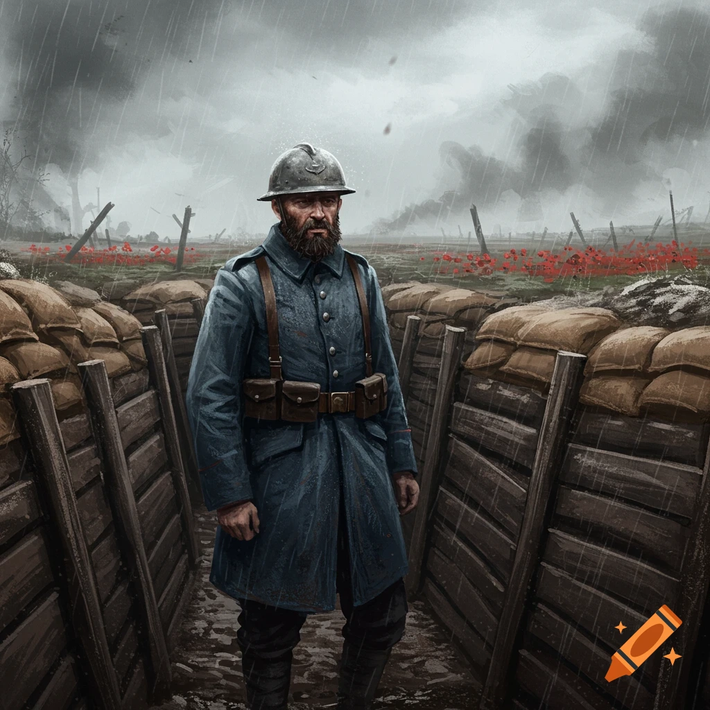 A bearded WWI soldier in a blue coat and helmet stands in a muddy trench under a rainy sky, with red poppies in the background.