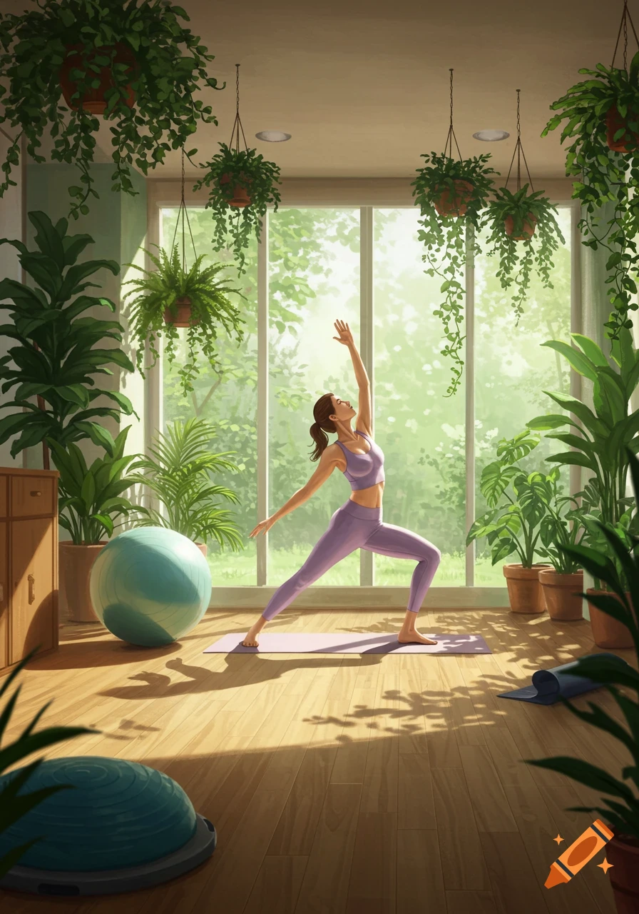 A woman in a purple outfit does a yoga pose in a bright room filled with many green plants and exercise equipment.
