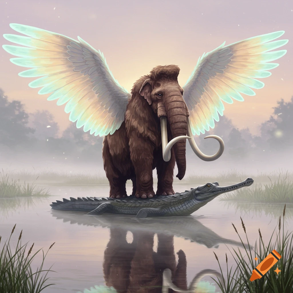 A winged woolly mammoth stands on a gharial in a misty swamp landscape at sunset.