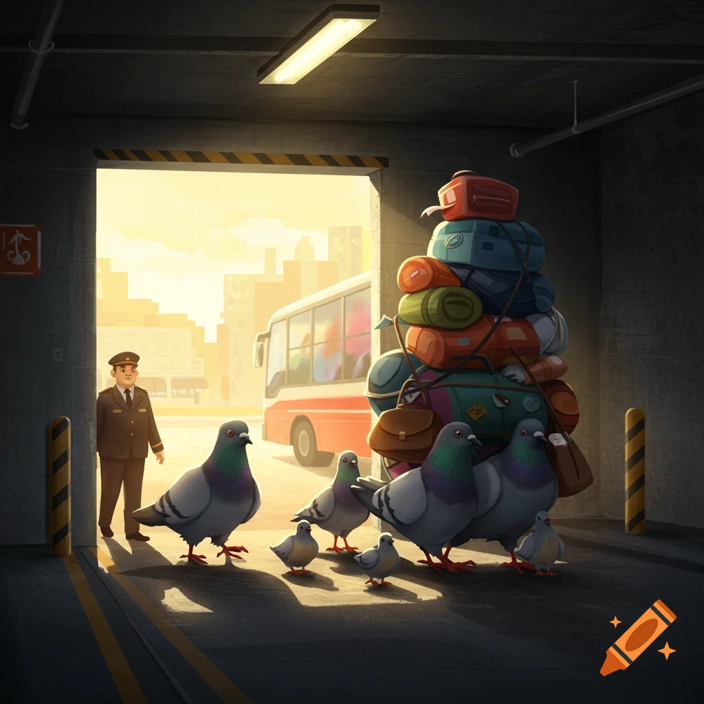 A pigeon family with suitcases exits a parking basement towards a bus, followed by a man in uniform, bathed in golden light.