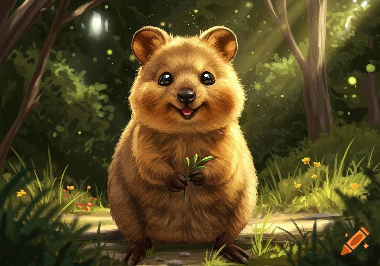 A cute, smiling cartoon quokka holds a small green leaf in a sun-dappled forest, digital illustration.