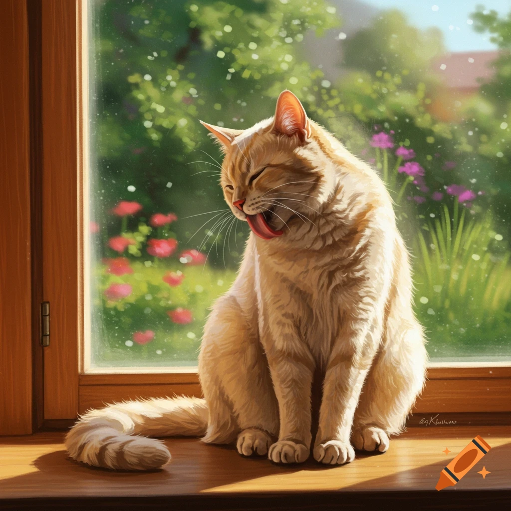 A light orange cat sits on a sunny wooden windowsill, licking its fur with its tongue out, with a blurred green garden outside.
