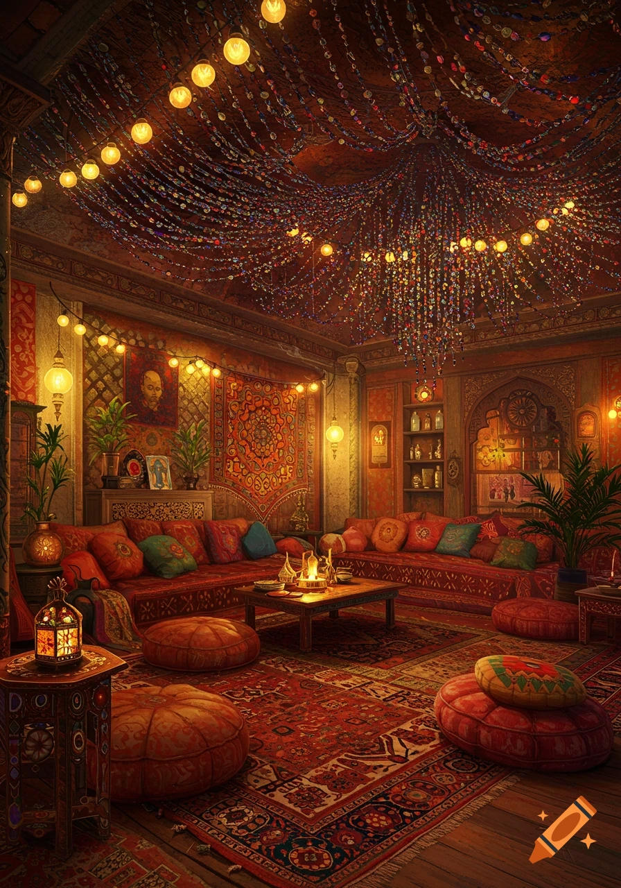 A cozy, ornate bohemian living room featuring red sofas, intricate rugs, hanging beaded decorations, string lights, and lanterns.